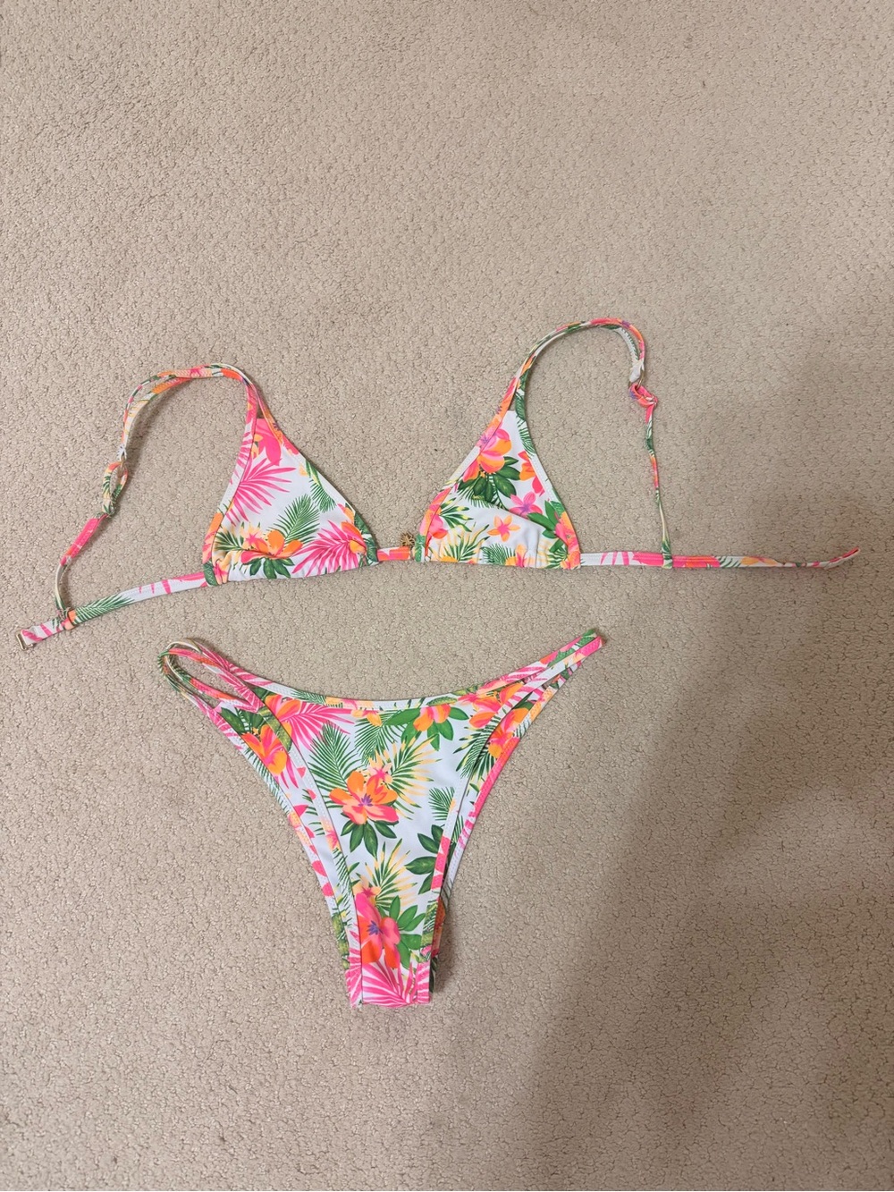 Kulani Kinis White Bikini with Pink, Orange & Green Tropical Print size small